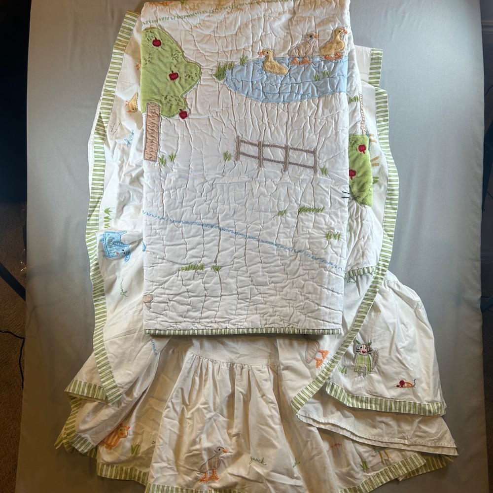 Pottery Barn Kids Farm Animal Embroidered Baby Quilt and Crib Skirt Set Cotton